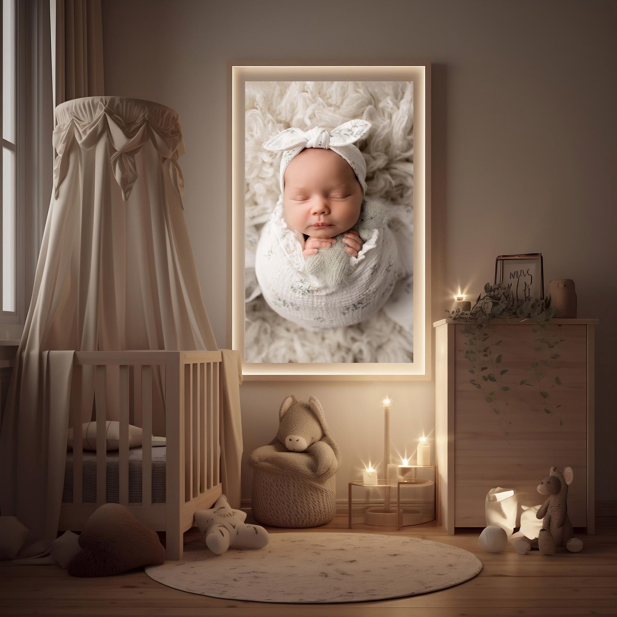 phoenix newborn photo. A cozy nursery with a crib, soft toys, and warm lighting features a large framed photo of a sleeping swaddled baby with a headband, creating a serene and gentle atmosphere.