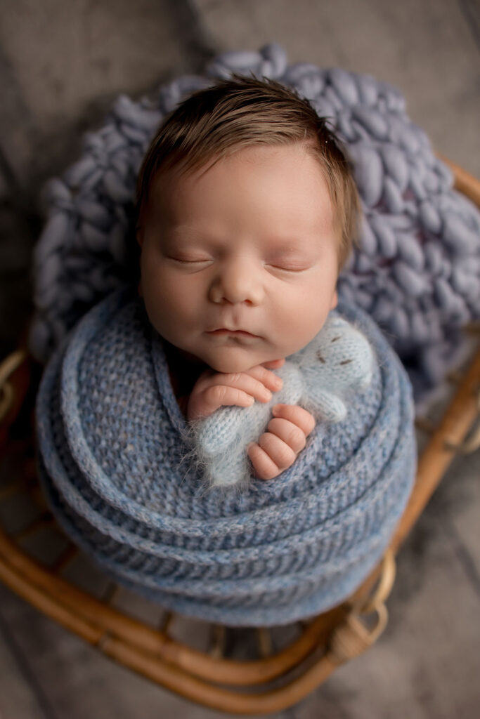 Newborn baby peacefully sleeping, swaddled in a soft blue knitted blanket and holding a tiny stuffed animal, lies on a cushioned basket with a cozy backdrop—captured by an experienced Phoenix newborn photographer.