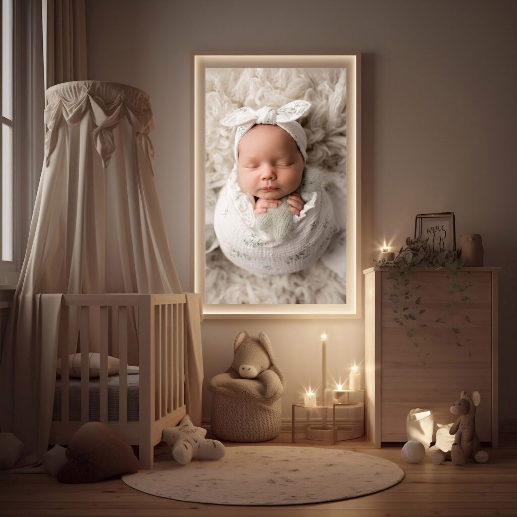 A cozy nursery with soft lighting, a crib with a canopy, stuffed animals, and a dresser. On the wall hangs a large, framed photo by a Phoenix newborn photographer of a sleeping baby wrapped in a blanket with a white bow headband.