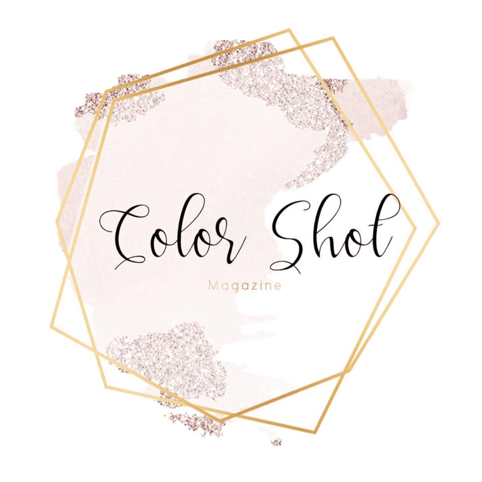 A logo with “Color Shot Magazine” in elegant script, over a light pink watercolor blot with rose gold glitter accents, framed by overlapping gold geometric lines—perfect inspiration for any family photographer Phoenix AZ.