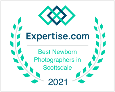 A badge with laurel leaves reads "Expertise.com Best Newborn Photographers in Scottsdale 2021" with a geometric blue-green design at the top, perfect for a Phoenix newborn photographer or Glendale maternity photographer.
